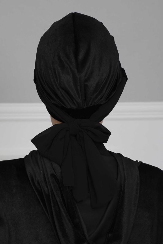 Velvet Bonnet with Chiffon Belt,B-24K Black - 5