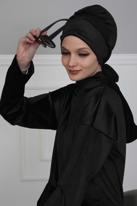Velvet Bonnet with Chiffon Belt,B-24K Black - 6