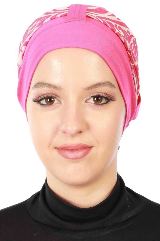 Şifon Kuşaklı Penye Bone Desenli,B-36D Fuşya - Lacivert Fuşya - 1