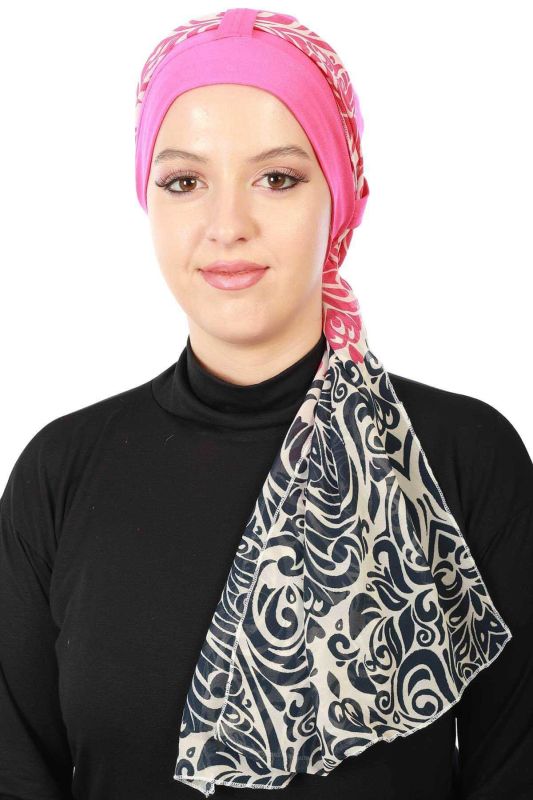 Şifon Kuşaklı Penye Bone Desenli,B-36D Fuşya - Lacivert Fuşya - 5
