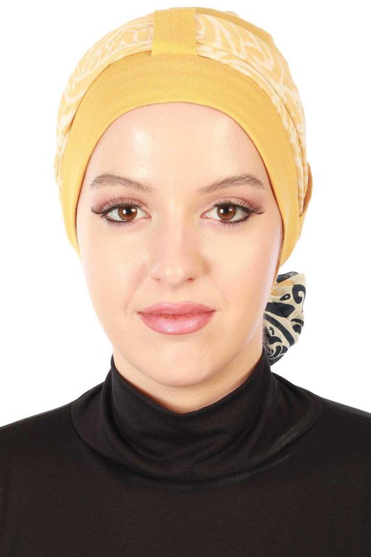 Şifon Kuşaklı Penye Bone Desenli,B-36D Hardal Sarısı - Lacivert Sarı - 1