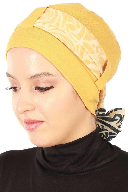 Şifon Kuşaklı Penye Bone Desenli,B-36D Hardal Sarısı - Lacivert Sarı - 2