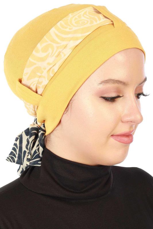 Şifon Kuşaklı Penye Bone Desenli,B-36D Hardal Sarısı - Lacivert Sarı - 3