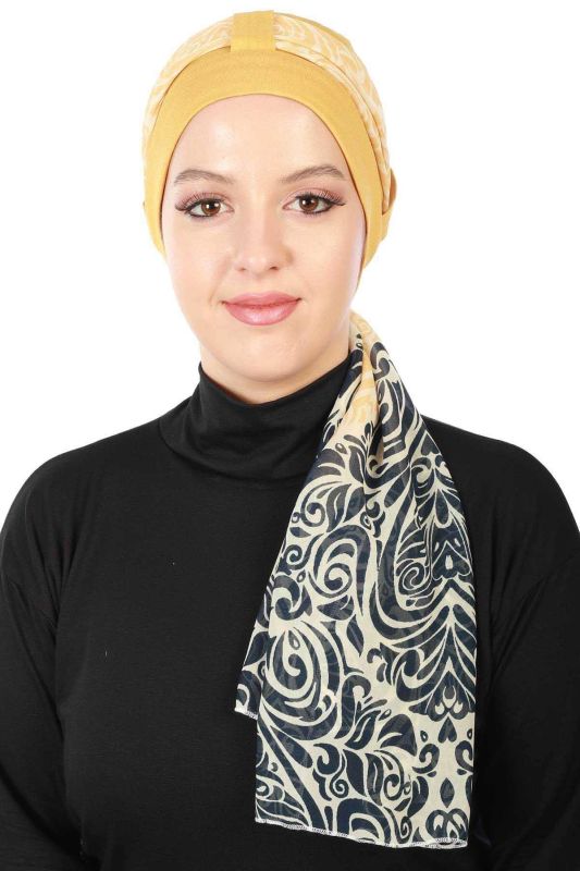 Şifon Kuşaklı Penye Bone Desenli,B-36D Hardal Sarısı - Lacivert Sarı - 5