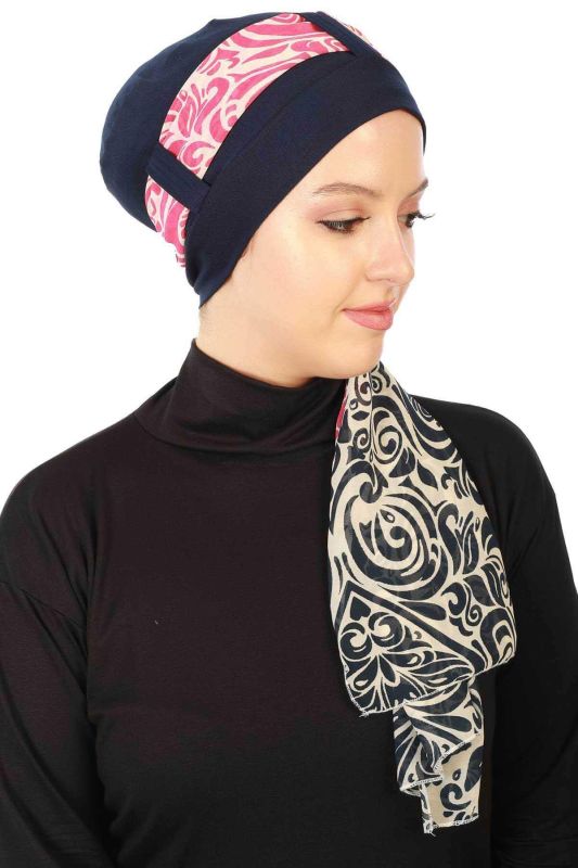 Şifon Kuşaklı Penye Bone Desenli,B-36D Lacivert - Lacivert Fuşya - 2