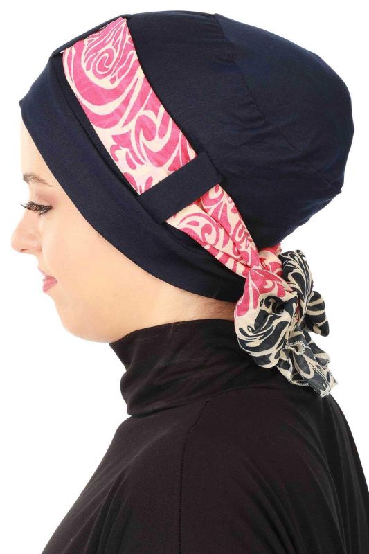 Şifon Kuşaklı Penye Bone Desenli,B-36D Lacivert - Lacivert Fuşya - 3