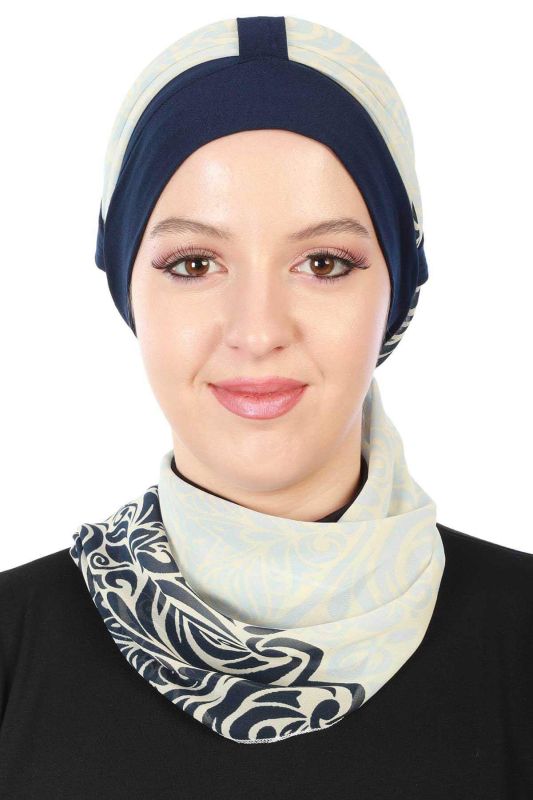 Şifon Kuşaklı Penye Bone Desenli,B-36D Lacivert - Lacivert Mavi - 1