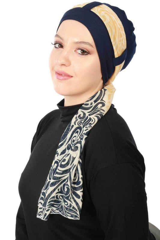 Şifon Kuşaklı Penye Bone Desenli,B-36D Lacivert - Lacivert Sarı - 1