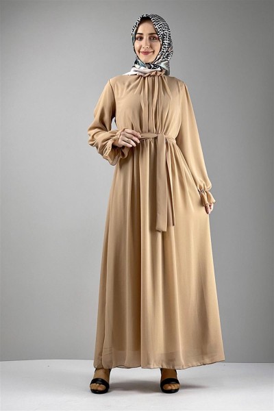 END - Şifon Tesettür Elbise BEJ