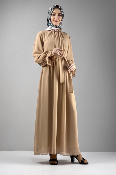 Şifon Tesettür Elbise BEJ - Thumbnail