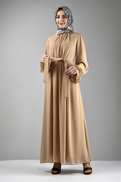Şifon Tesettür Elbise BEJ - Thumbnail