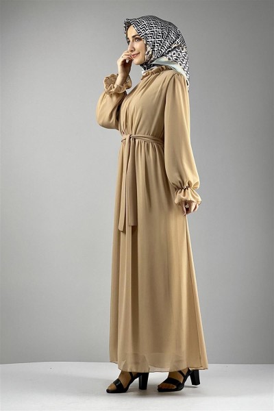 Şifon Tesettür Elbise BEJ - Thumbnail