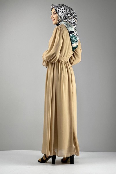 Şifon Tesettür Elbise BEJ - Thumbnail