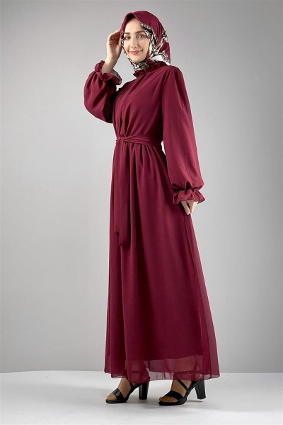 Şifon Tesettür Elbise BORDO - Thumbnail