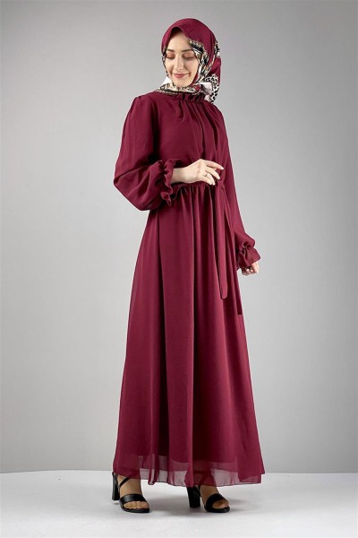 Şifon Tesettür Elbise BORDO - Thumbnail