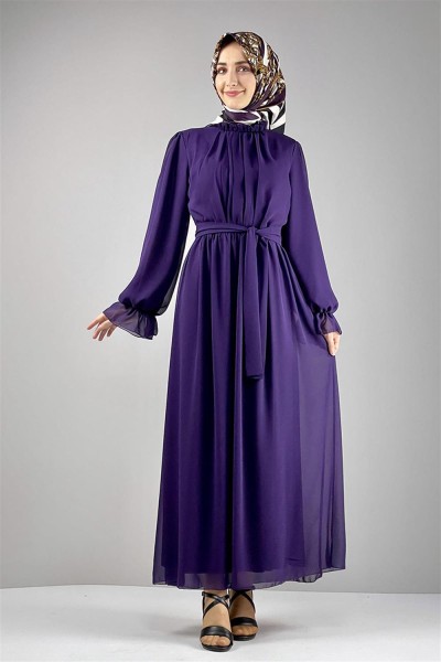 Şifon Tesettür Elbise MOR - Thumbnail