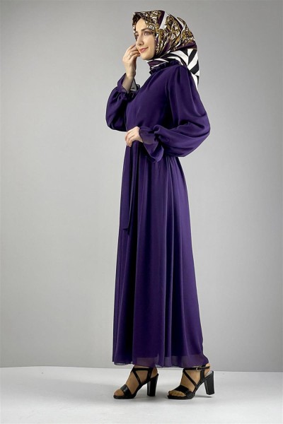 Şifon Tesettür Elbise MOR - Thumbnail