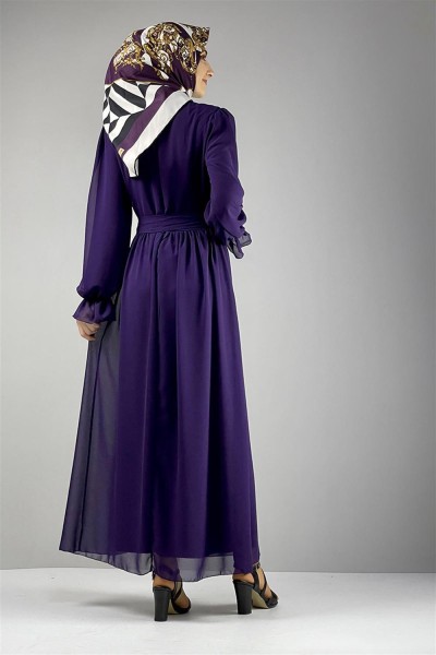Şifon Tesettür Elbise MOR - Thumbnail