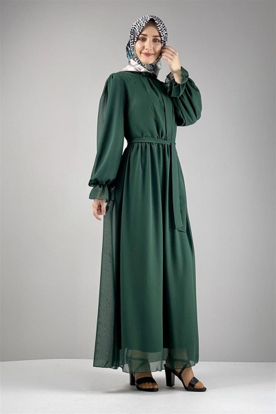 END - Şifon Tesettür Elbise ZÜMRÜT YEŞİLİ