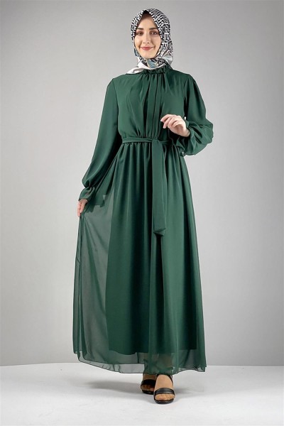 Şifon Tesettür Elbise ZÜMRÜT YEŞİLİ - Thumbnail