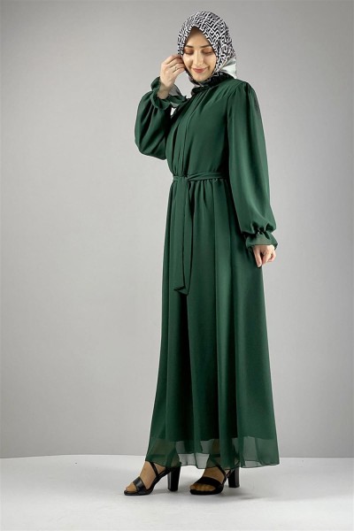 Şifon Tesettür Elbise ZÜMRÜT YEŞİLİ - Thumbnail