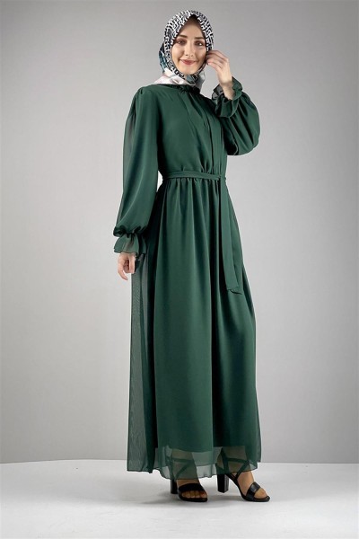 Şifon Tesettür Elbise ZÜMRÜT YEŞİLİ - Thumbnail