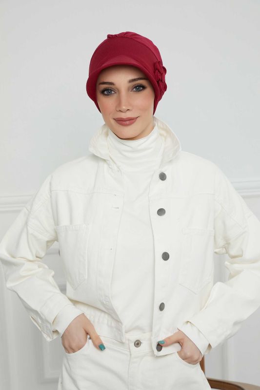 Siperlikli Çiçek Aksesuarlı Şapka Bone,B-72 Bordo - 3