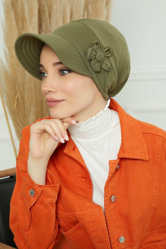 Siperlikli Çiçek Aksesuarlı Şapka Bone,B-72 Haki Yeşili - 2