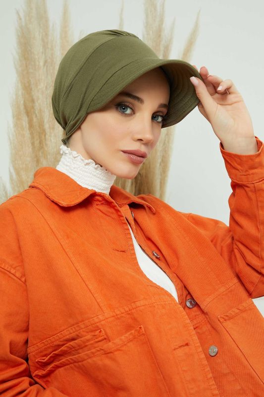 Siperlikli Çiçek Aksesuarlı Şapka Bone,B-72 Haki Yeşili - 3