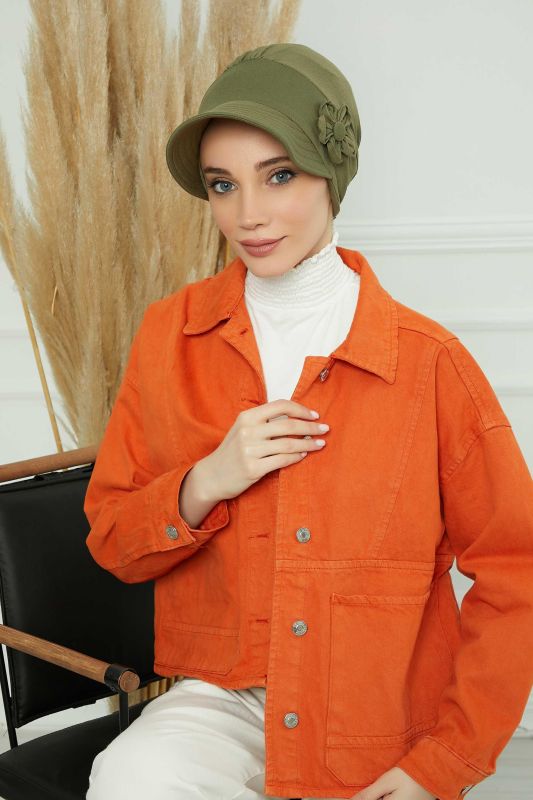Siperlikli Çiçek Aksesuarlı Şapka Bone,B-72 Haki Yeşili - 5