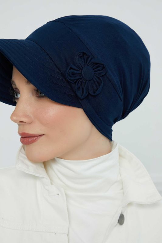 Siperlikli Çiçek Aksesuarlı Şapka Bone,B-72 Lacivert - 3