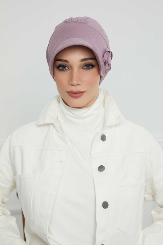 Siperlikli Çiçek Aksesuarlı Şapka Bone,B-72 Lila - 1