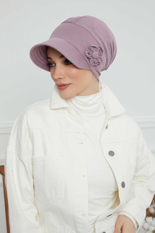 Siperlikli Çiçek Aksesuarlı Şapka Bone,B-72 Lila - 2