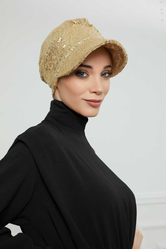 Siperlikli Payetli Şapka Bone,B-73P Gold - 5