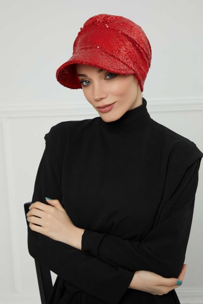 Moda Çizgi - Siperlikli Payetli Şapka Bone,B-73P Kırmızı