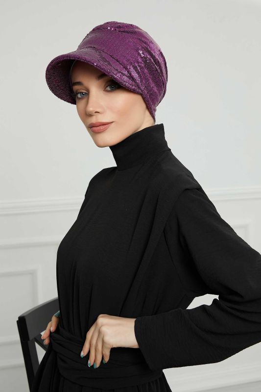 Siperlikli Payetli Şapka Bone,B-73P Mor - 2