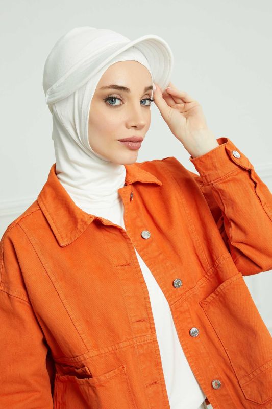Visored Combed Cotton Bonnet, B-75 Cream - 4