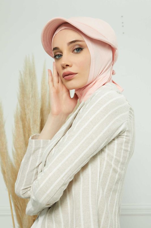 Visored Combed Cotton Bonnet, B-75 Powder - 6