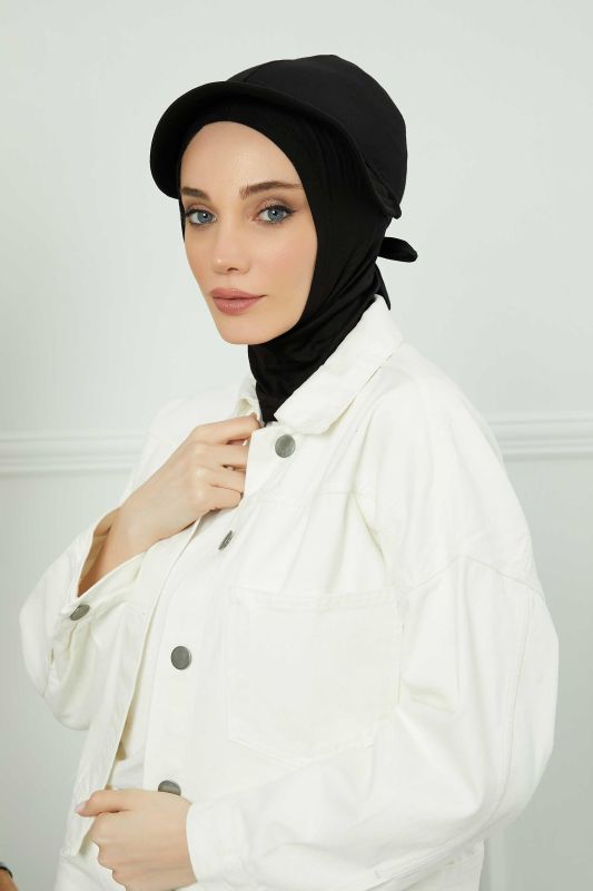 Visored Combed Cotton Bonnet,B-75 Black - 1