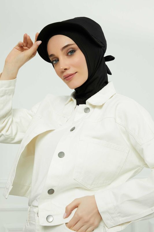 Visored Combed Cotton Bonnet,B-75 Black - 2
