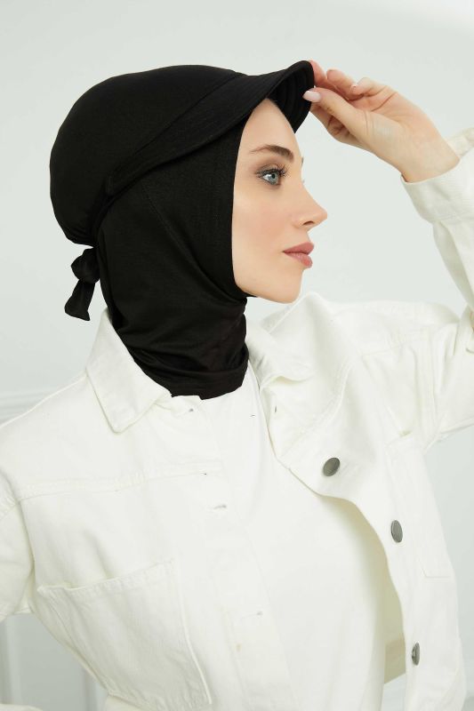 Visored Combed Cotton Bonnet,B-75 Black - 3