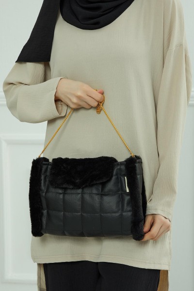Moda Çizgi - Faux Leather Plush Shoulder Bag,CE-9 Black - Black