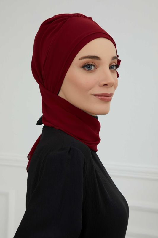 Taş Aksesuarlı Özel Tasarım Şifon Hazır Türban,HT-8 Bordo - 4
