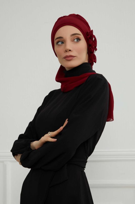 Taş Aksesuarlı Özel Tasarım Şifon Hazır Türban,HT-8 Bordo - 6