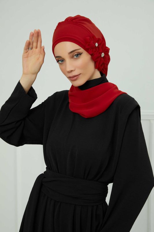 Taş Aksesuarlı Özel Tasarım Şifon Hazır Türban,HT-8 Kırmızı - 5