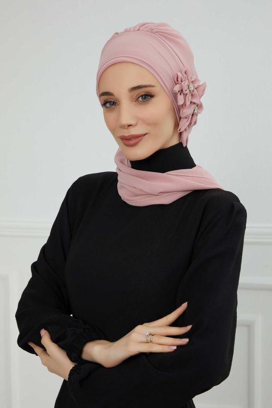 Taş Aksesuarlı Özel Tasarım Şifon Hazır Türban,HT-8 Pudra - 2