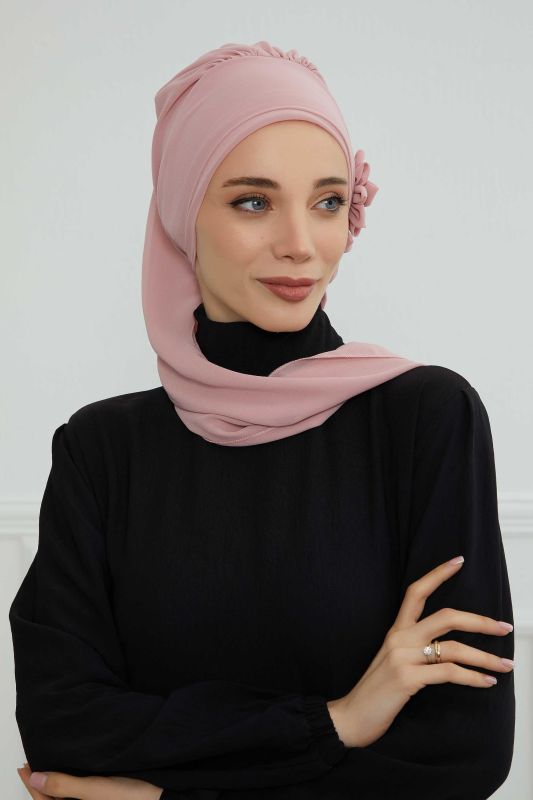 Taş Aksesuarlı Özel Tasarım Şifon Hazır Türban,HT-8 Pudra - 4