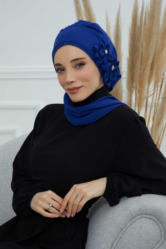 Taş Aksesuarlı Özel Tasarım Şifon Hazır Türban,HT-8 Saks Mavisi - 1