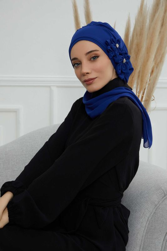 Taş Aksesuarlı Özel Tasarım Şifon Hazır Türban,HT-8 Saks Mavisi - 3
