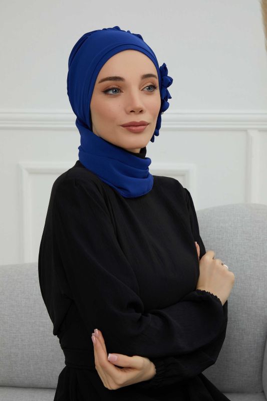 Taş Aksesuarlı Özel Tasarım Şifon Hazır Türban,HT-8 Saks Mavisi - 5